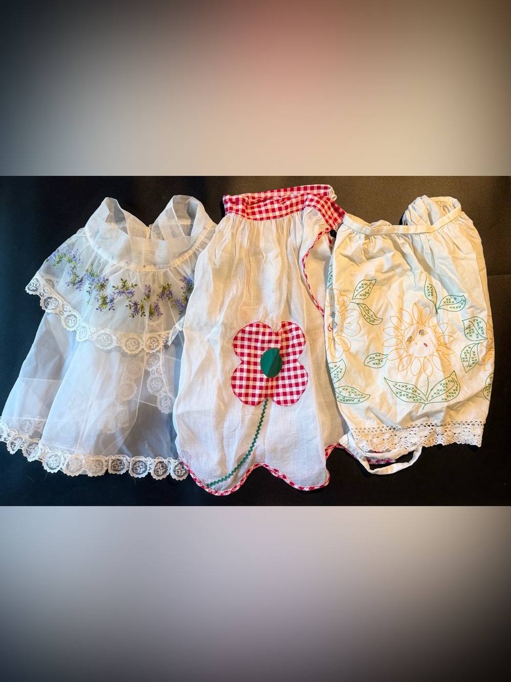 Lot of 3 Vintage Half Aprons Embroidered Lace Flowers Gingham Red Purple Yellow